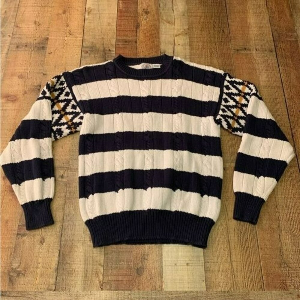 Cape isle knitters women’s vintage navy blue white striped cable knit sweater -L